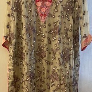 Olive Breeza Embroidered sequins Floral Tunic with Pink embroidered Accents